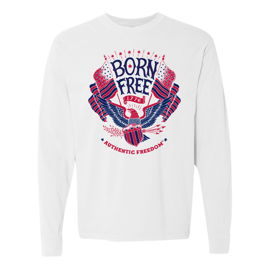 White sweatshirt with 'Born Free 1776 Authentic Freedom' graphic design on a white background