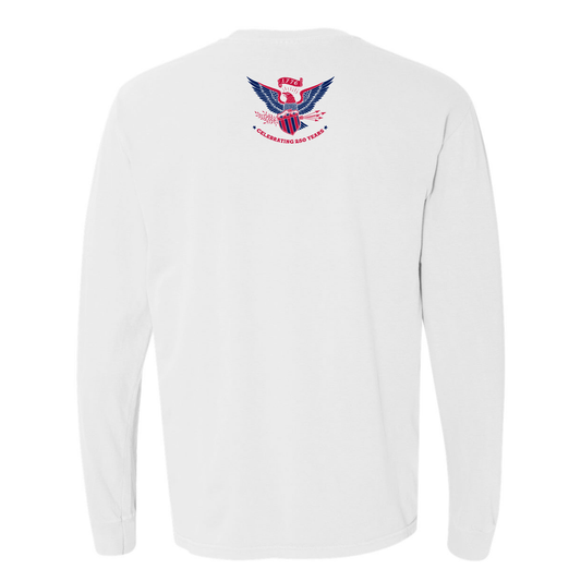 White long-sleeve shirt with a Celebrating 250 Years Eagle logo on the back against a white background